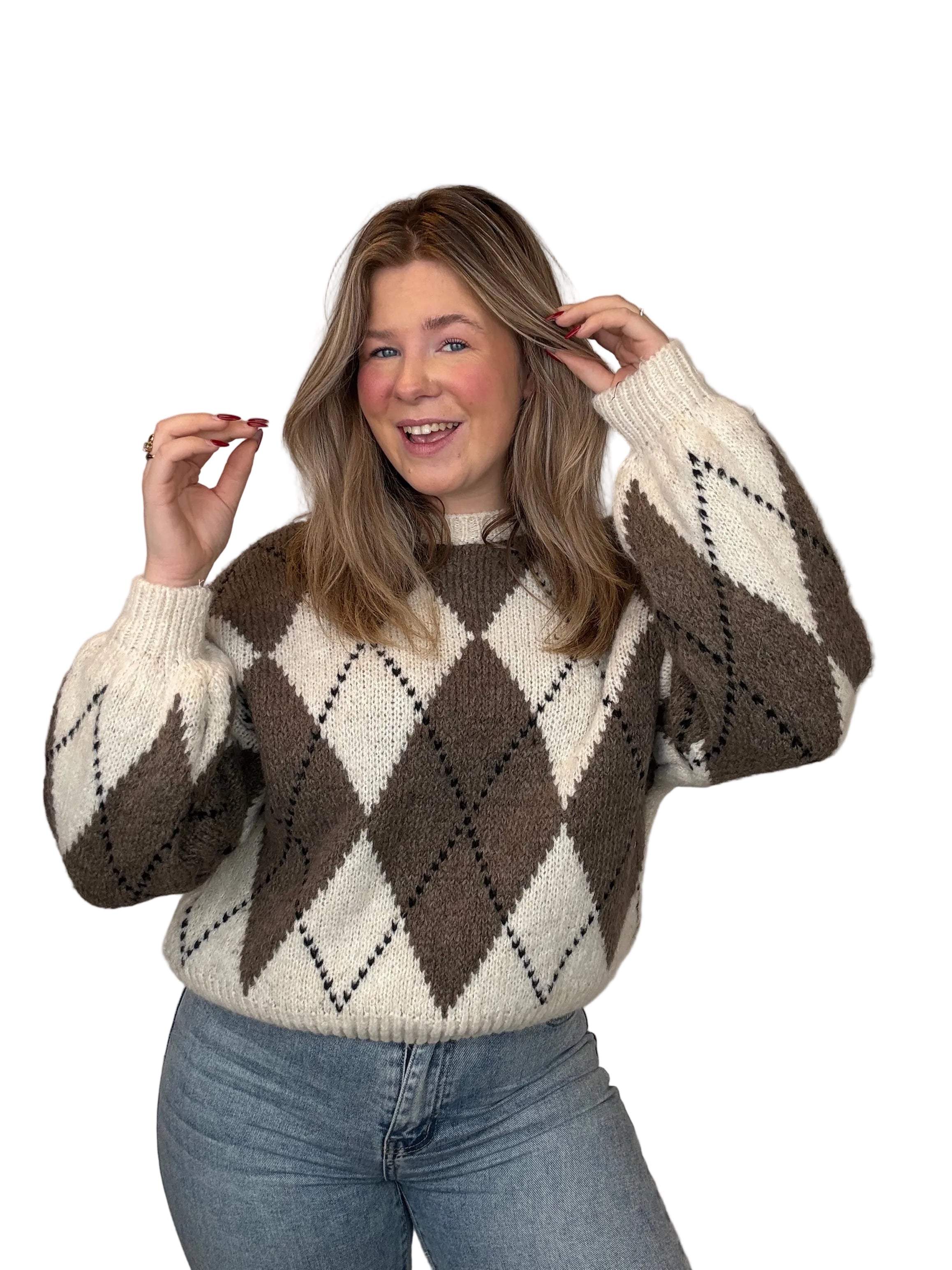 Ruitjes Trui - Crème/Taupe