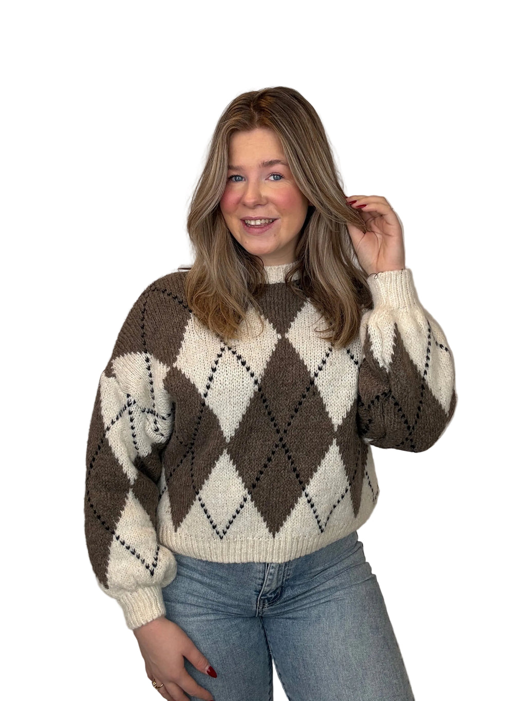 Ruitjes Trui - Crème/Taupe