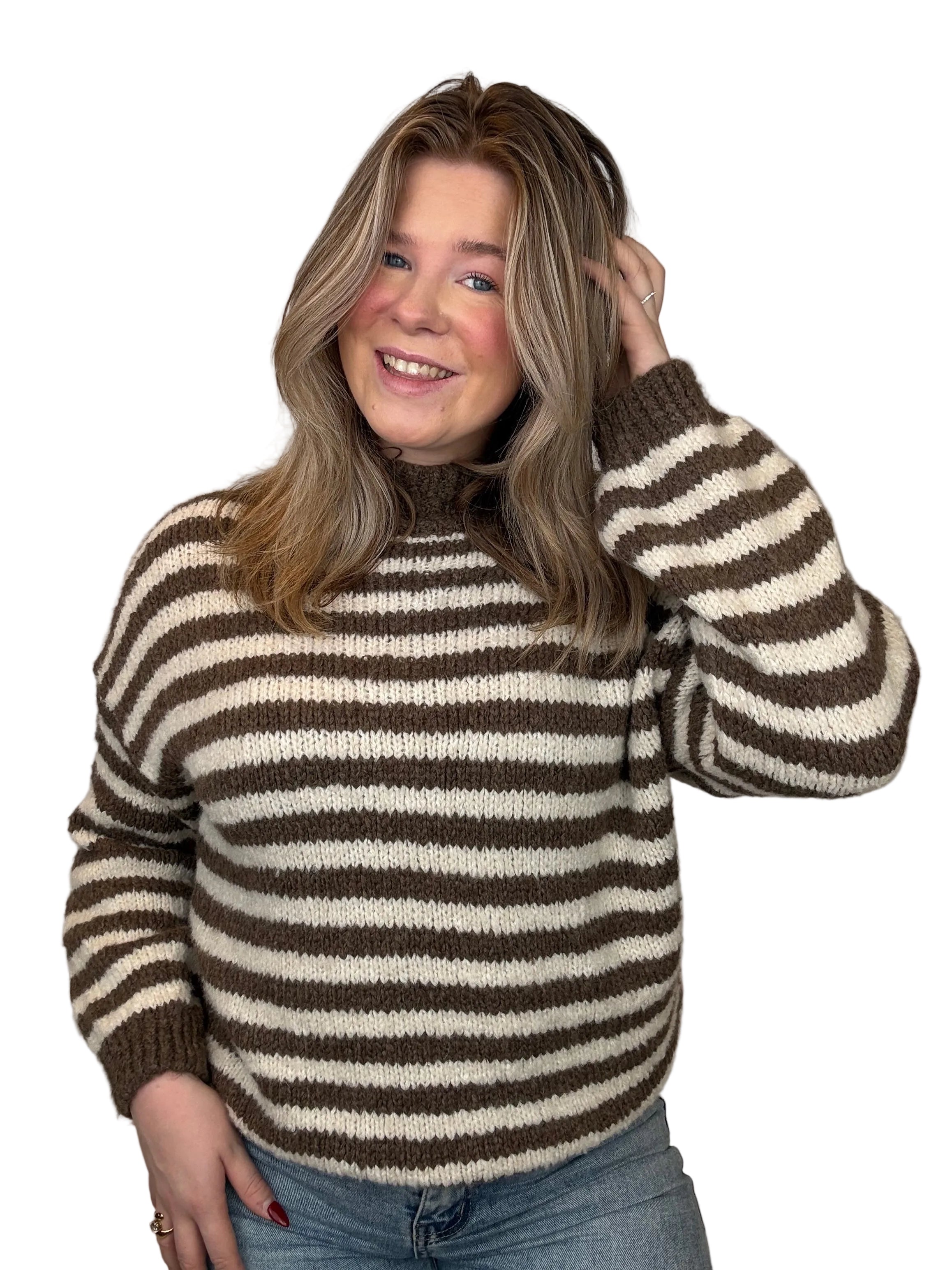 Gestreepte trui - Taupe/Creme