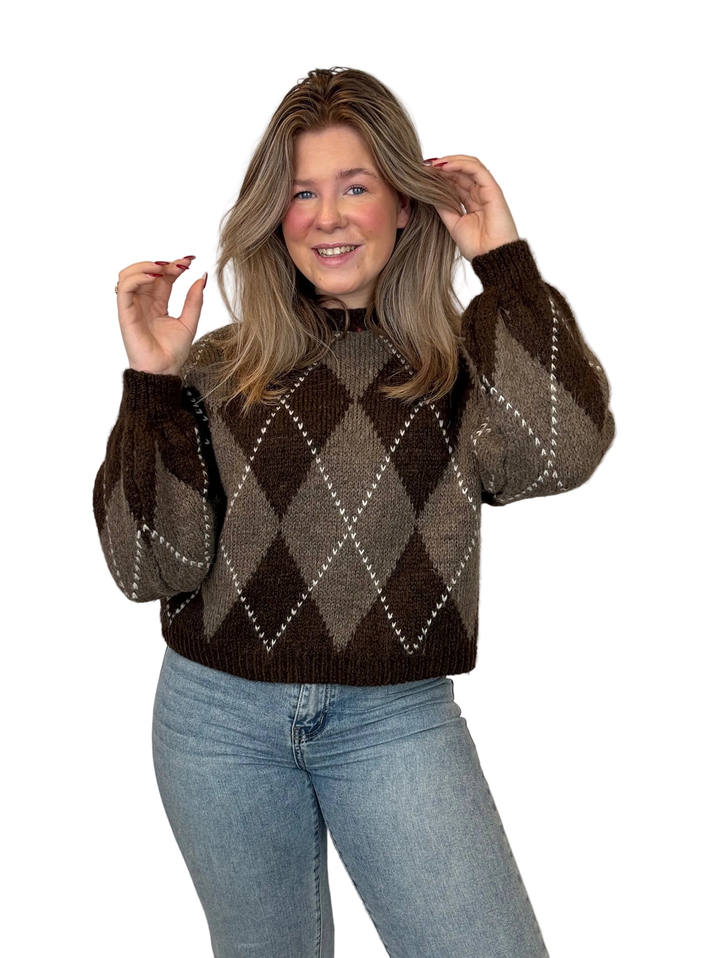 Ruitjes Trui - Bruin/Taupe