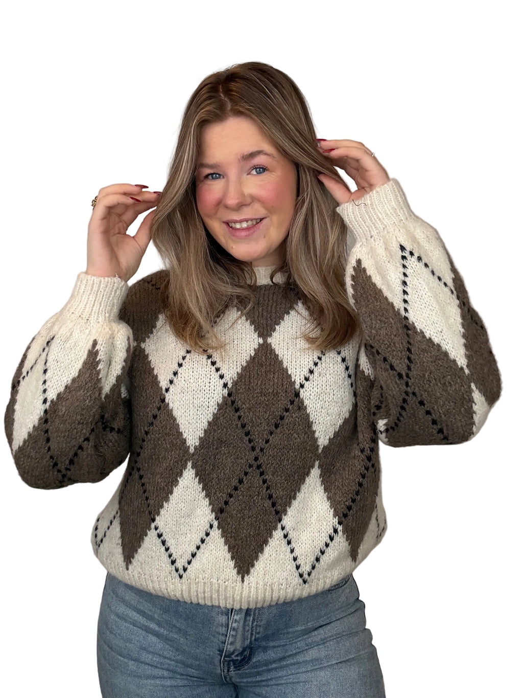 Ruitjes Trui - Crème/Taupe