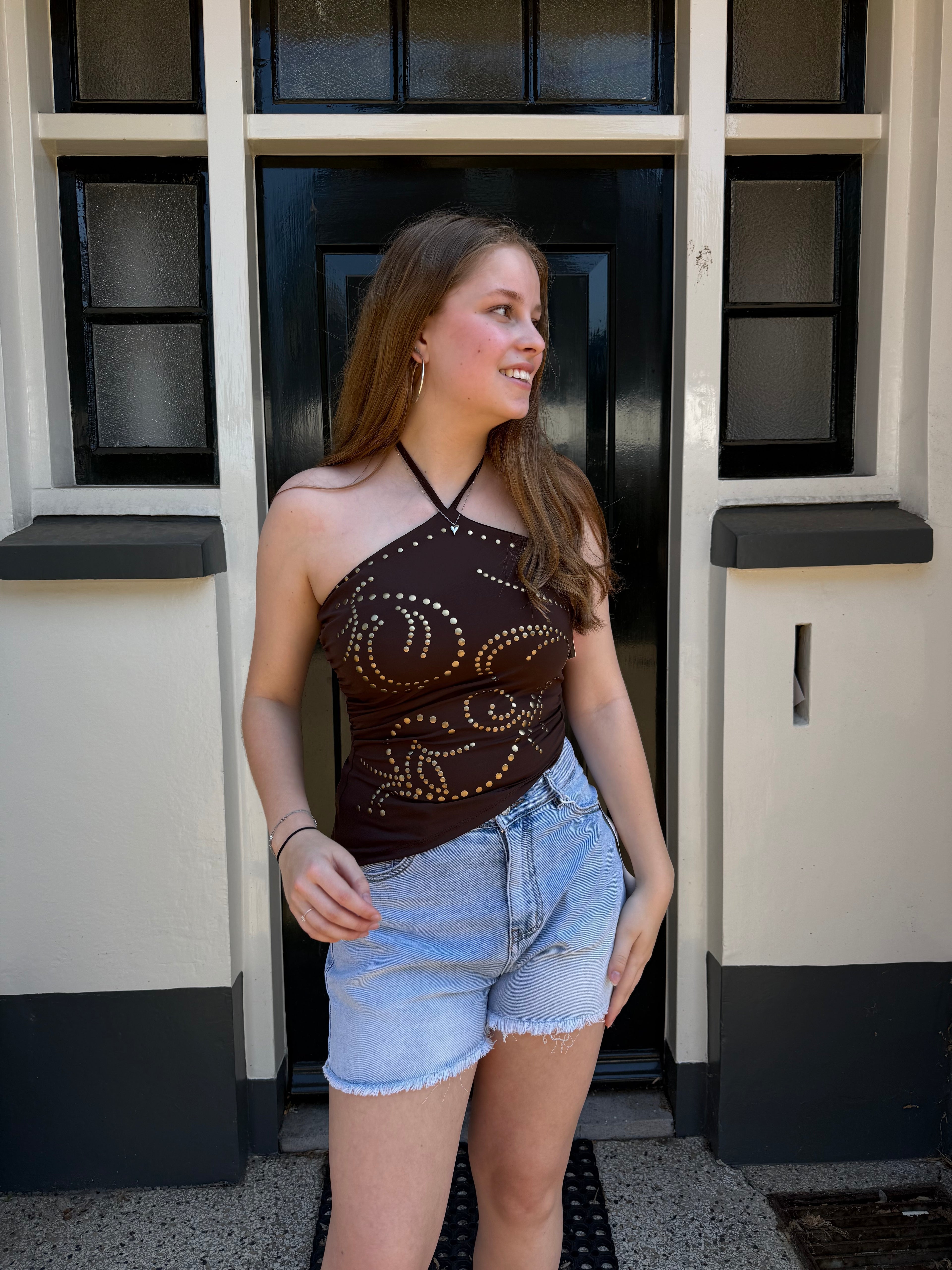 Halter top met gouden studs - Bruin
