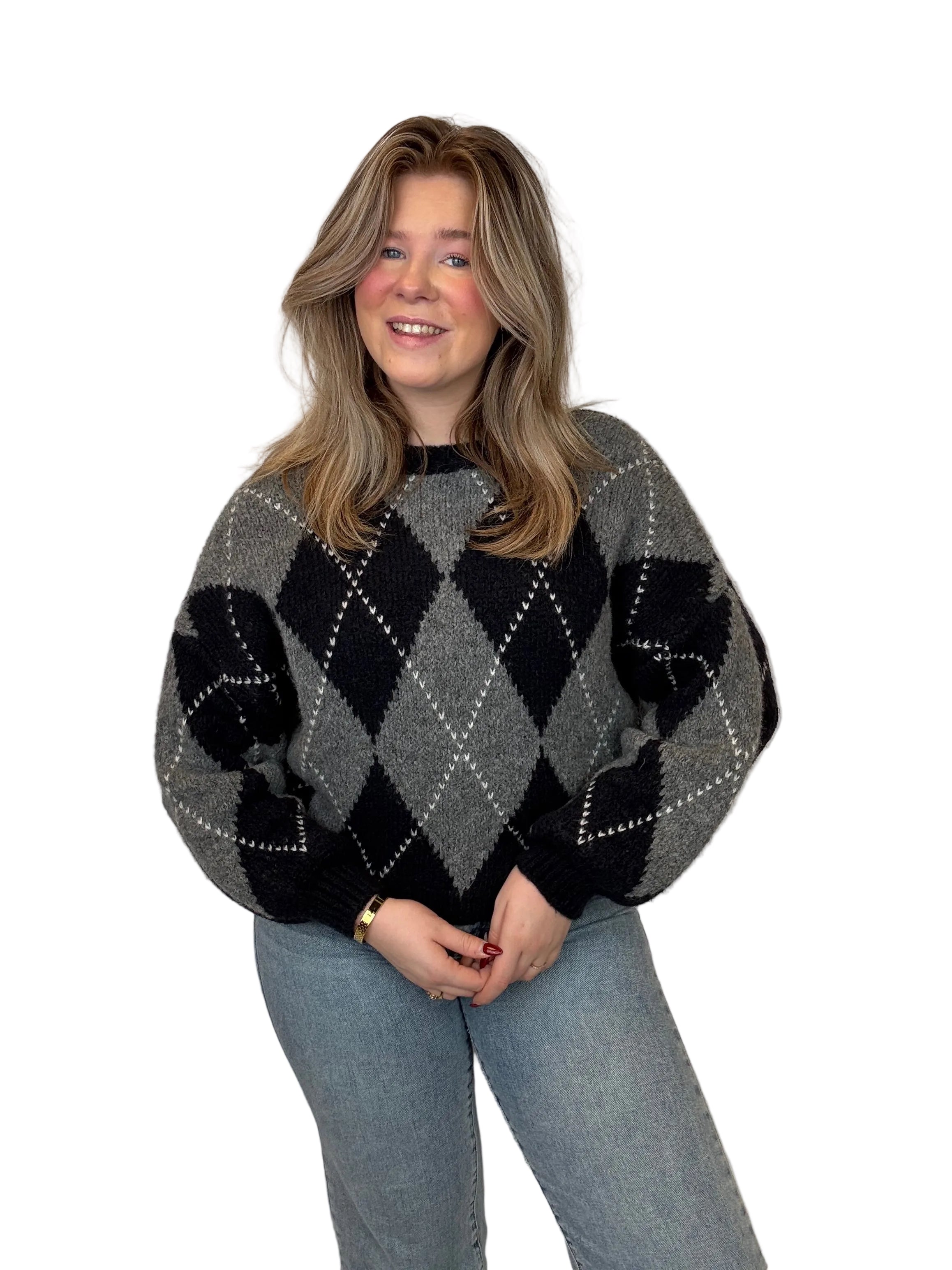 Ruitjes Trui - Navy/Grijs