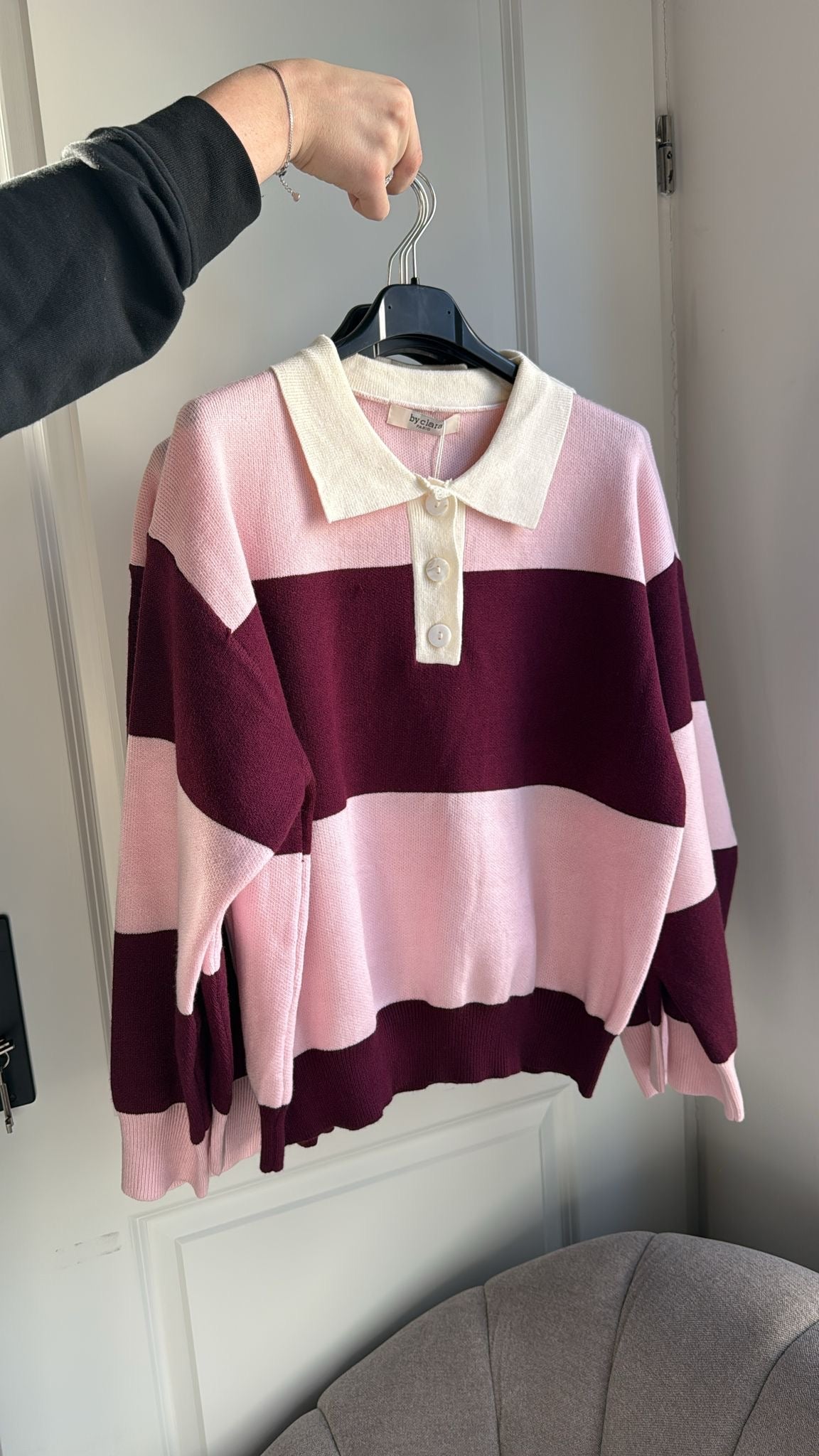 Bordeaux/Roze gestreepte trui