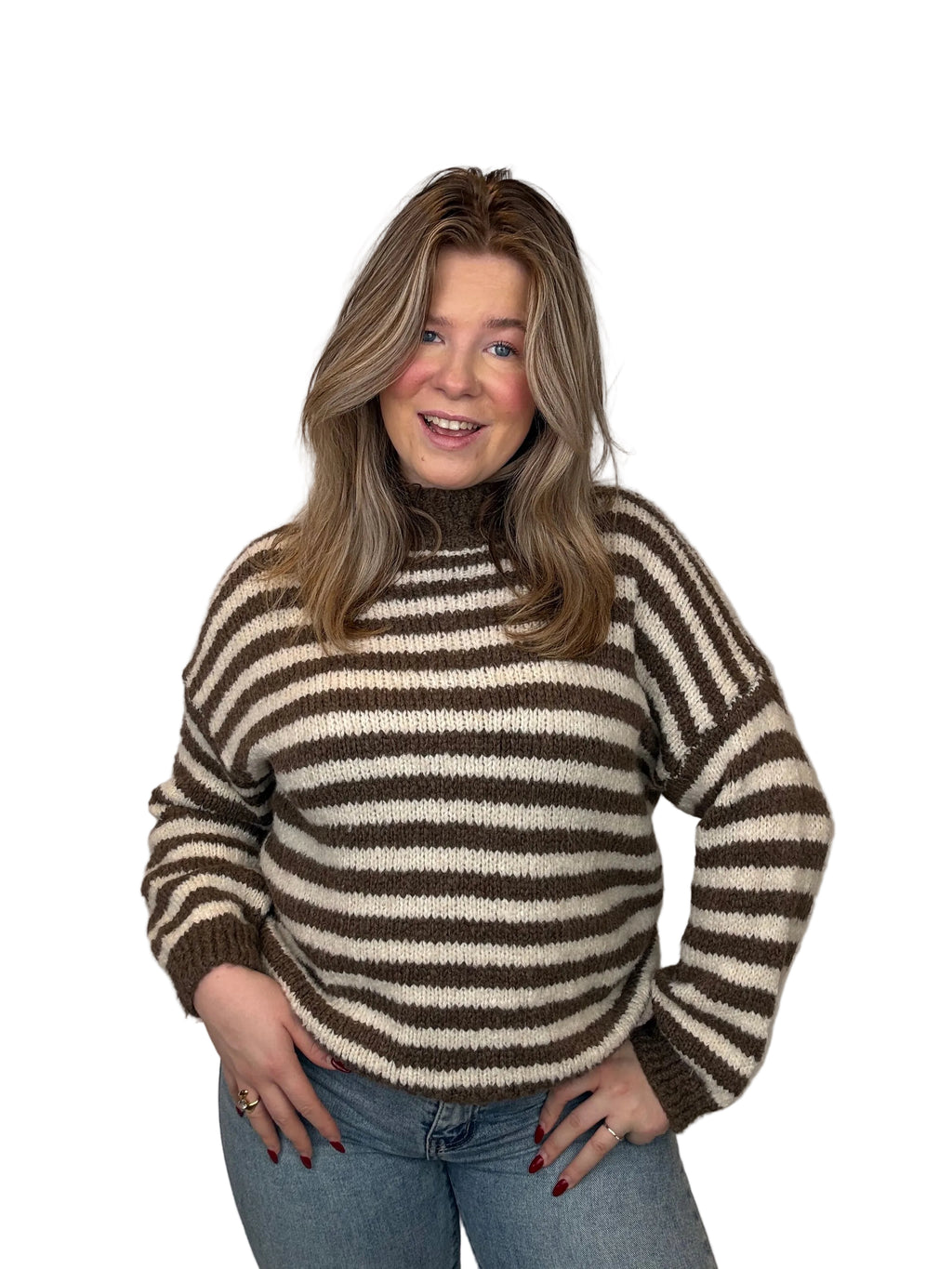 Gestreepte trui - Taupe/Creme